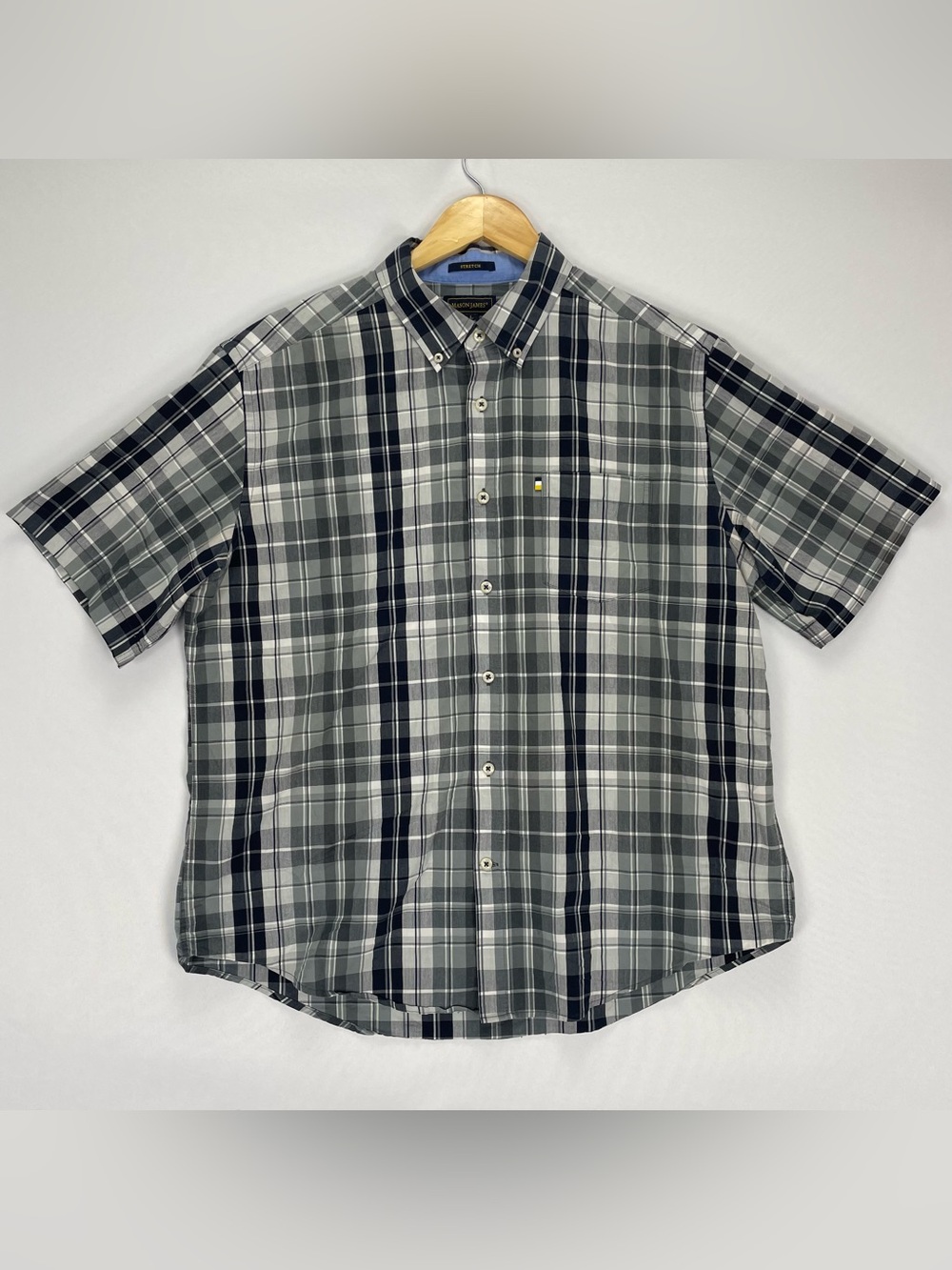 Mason James Shirt Mens L Gray Plaid Short Sleeve Button Up Lightweight Cotton
